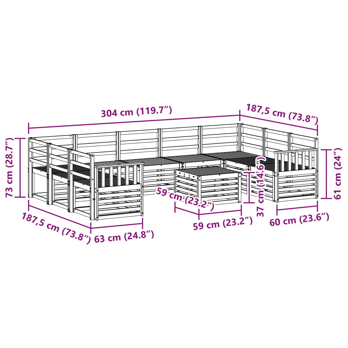 Utendørs sofa-sett 10 pcs Hvit 59 x 59 x 37 cm Solid akasietre