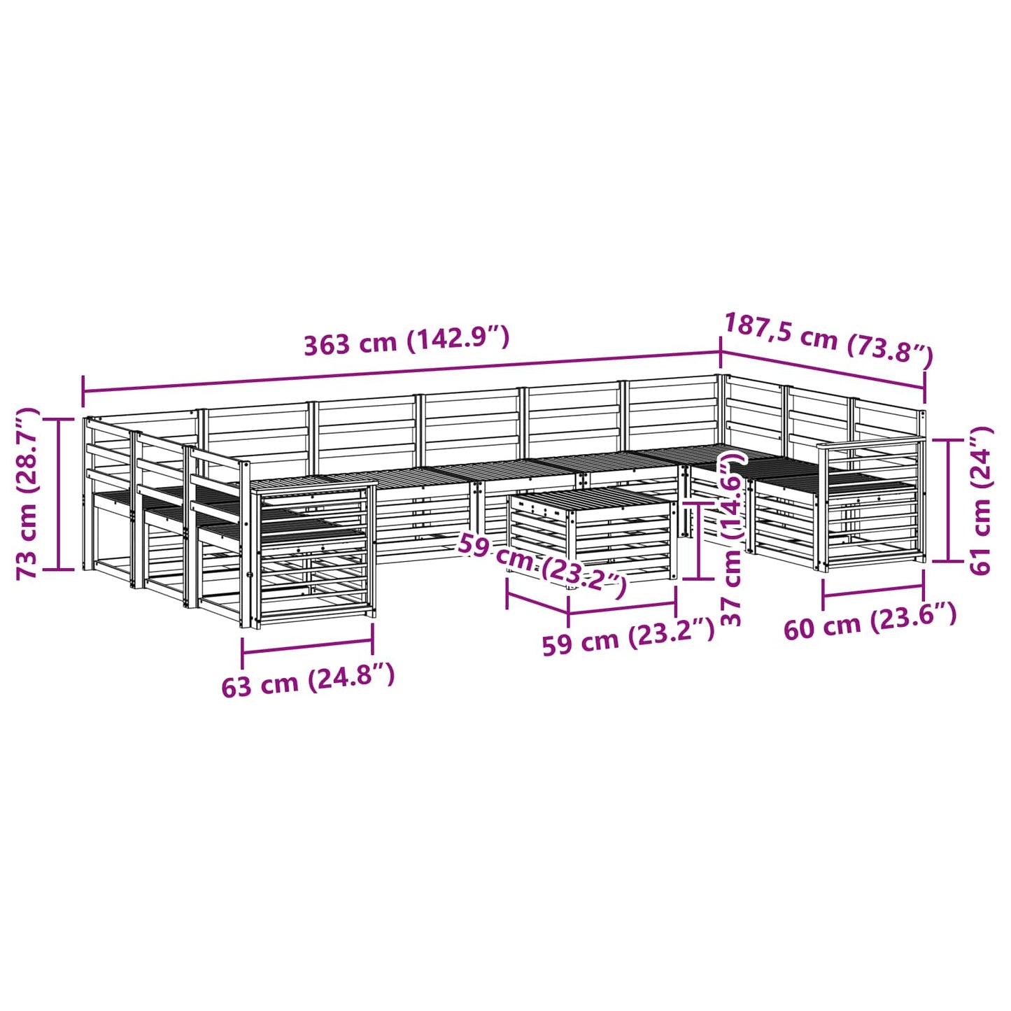Utendørs sofa-sett 11 pcs Hvit 59 x 59 x 37 cm Solid akasietre