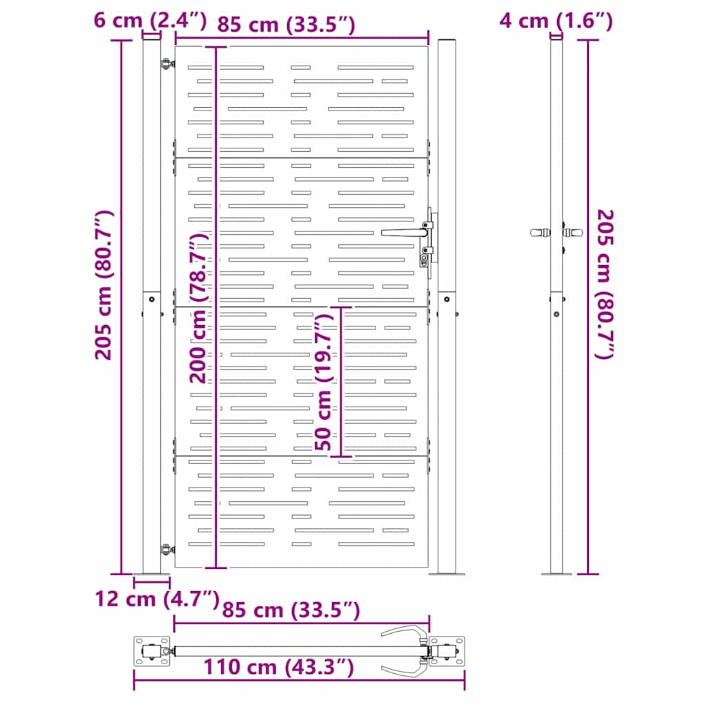 Hageport med lås Svart 110 x 205 cm Pulverlakkert stål