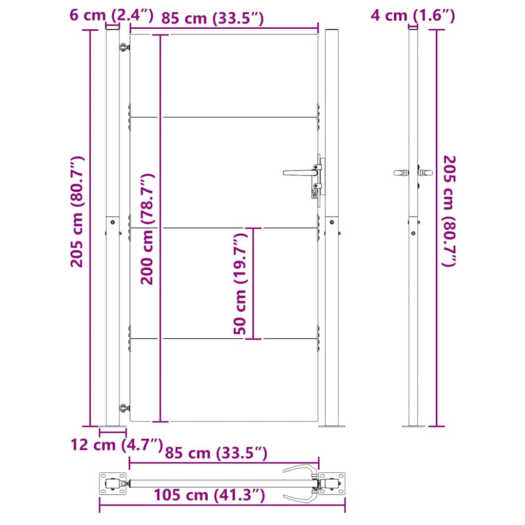 Hageport med lås Svart 105 x 205 cm Pulverlakkert stål