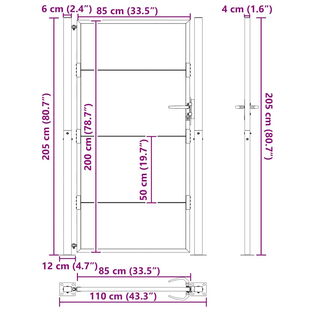 Hageport med lås Svart 110 x 205 cm Pulverlakkert stål