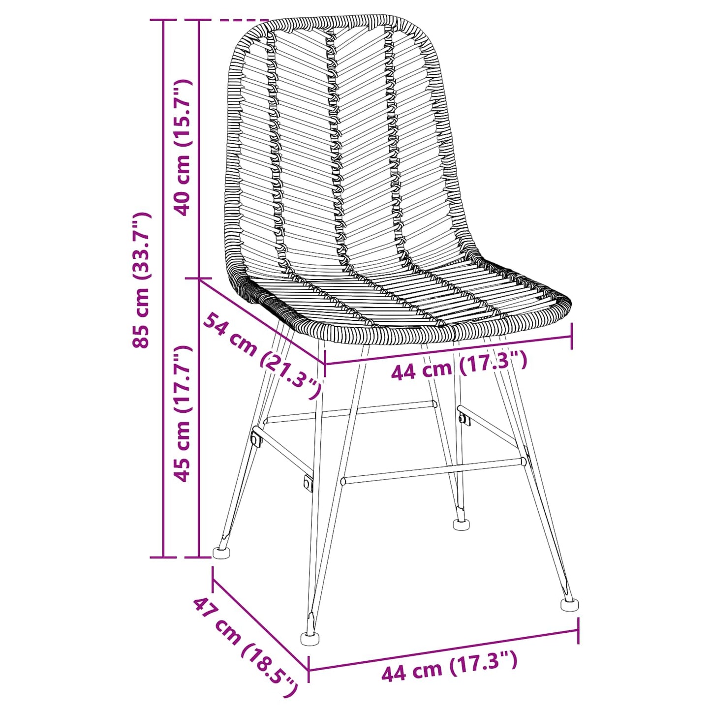 Spisestuestol 2 pcs Rattan og Jern Naturlig 44,5 x 54,5 x 85 cm