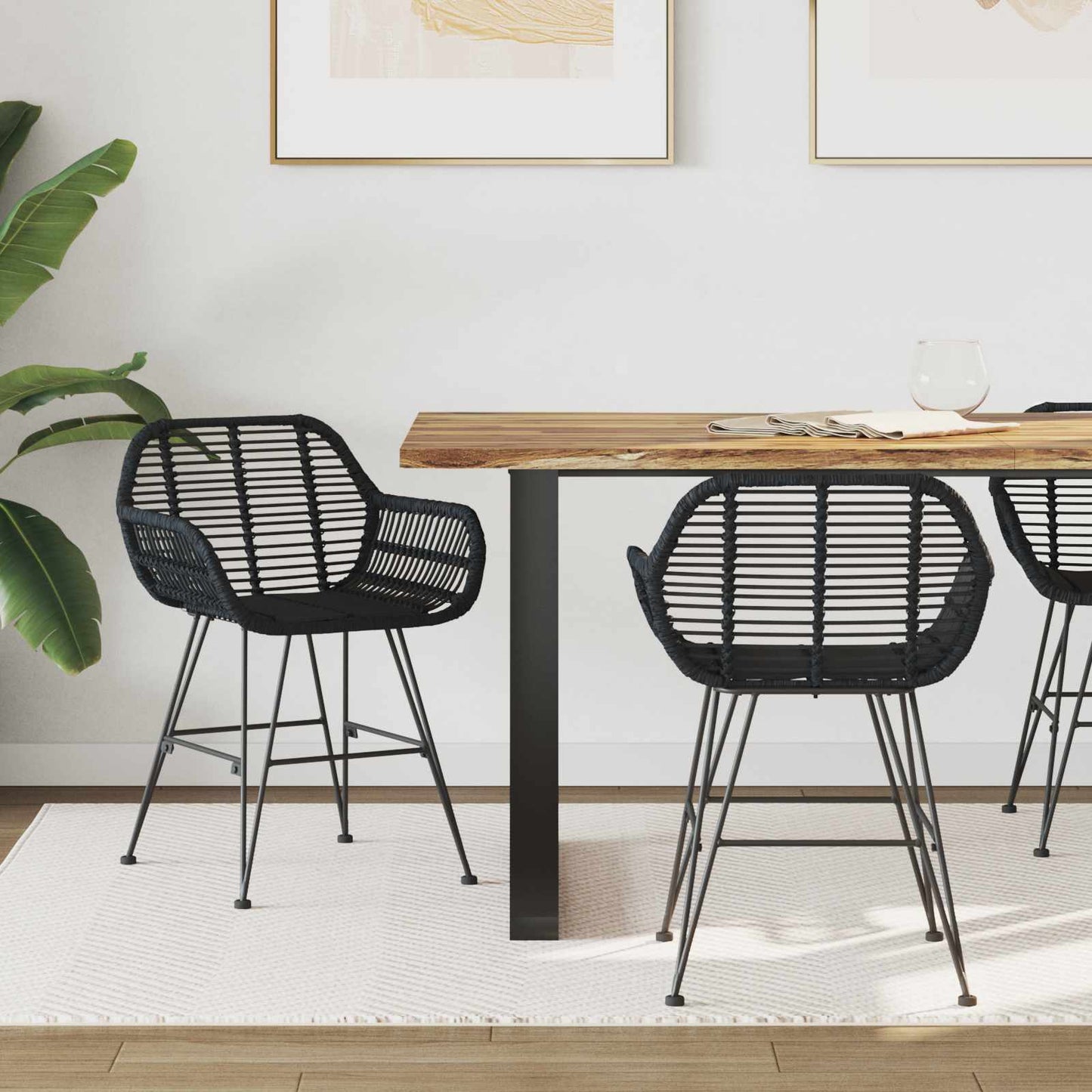 Spisestuestol 2 pcs Rattan og Jern Svart 55 x 50 x 74 cm
