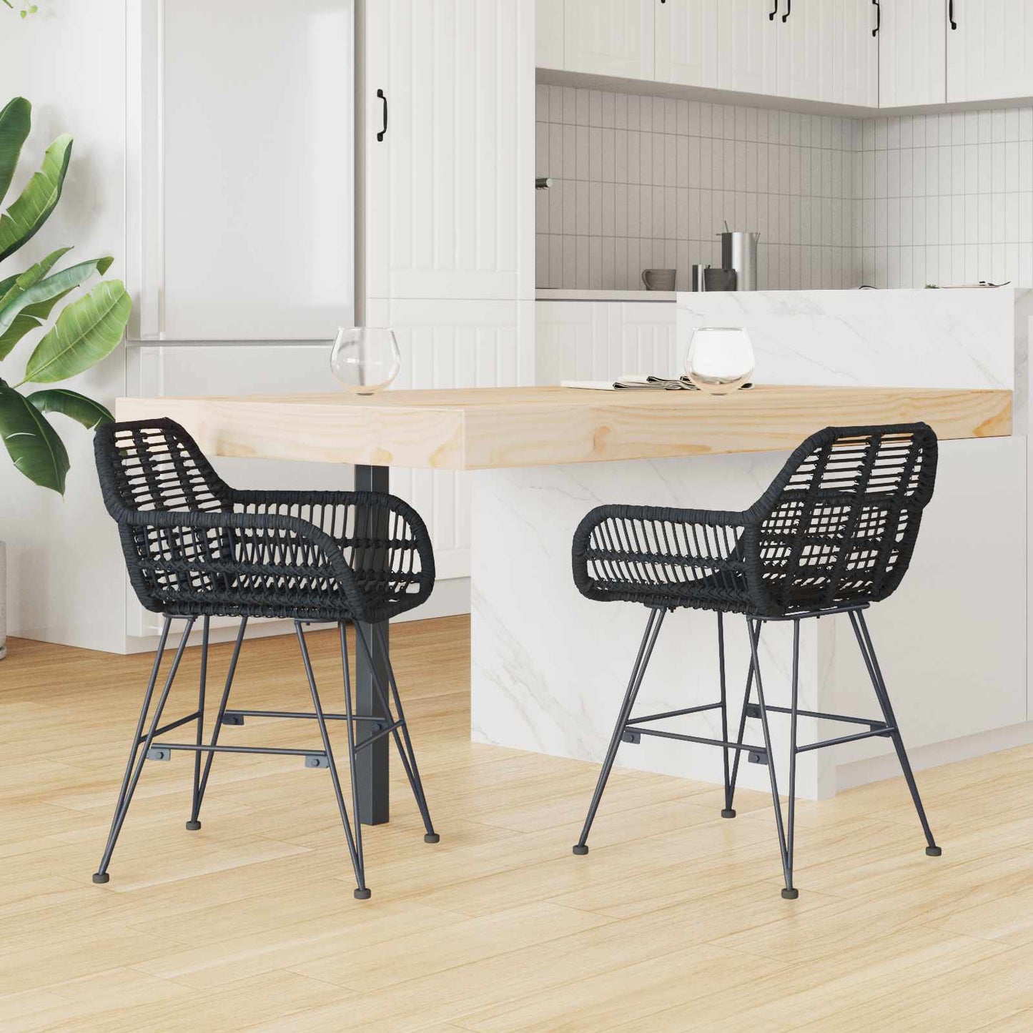 Spisestuestol 2 pcs Rattan og Jern Svart 55 x 50 x 74 cm