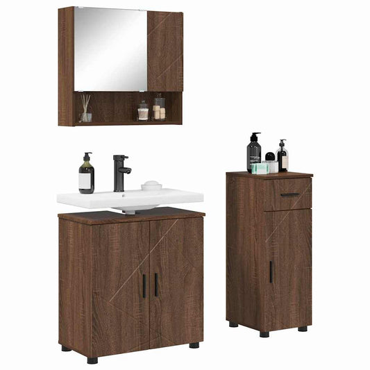 Baderomsinnredningssett 3 pcs Brun Eik Konstruert tre & Metall