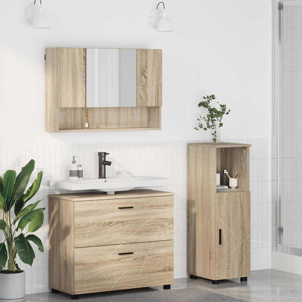 Baderomsinnredningssett 3 pcs Sonoma eik Ingeniørtre og metall