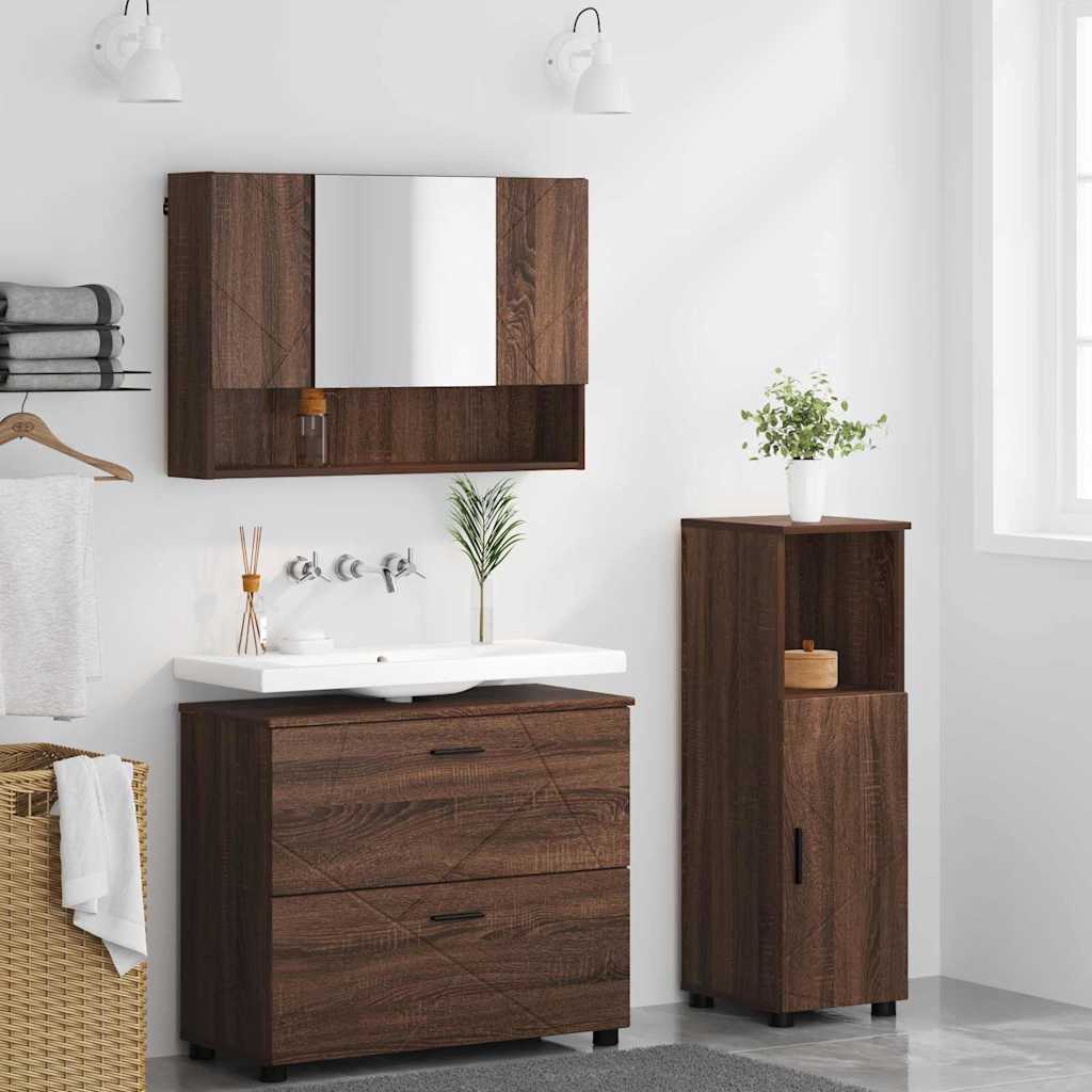 Baderomsinnredningssett 3 pcs brun eik 76.5 x 35 x 64 cm