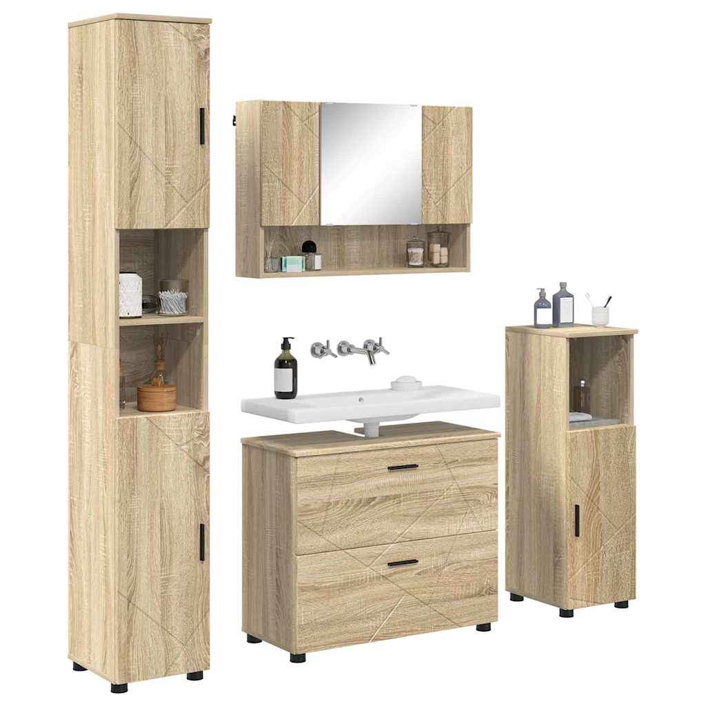 Baderomsinnredningssett 4 pcs Sonoma eik Ingeniørtre og metall