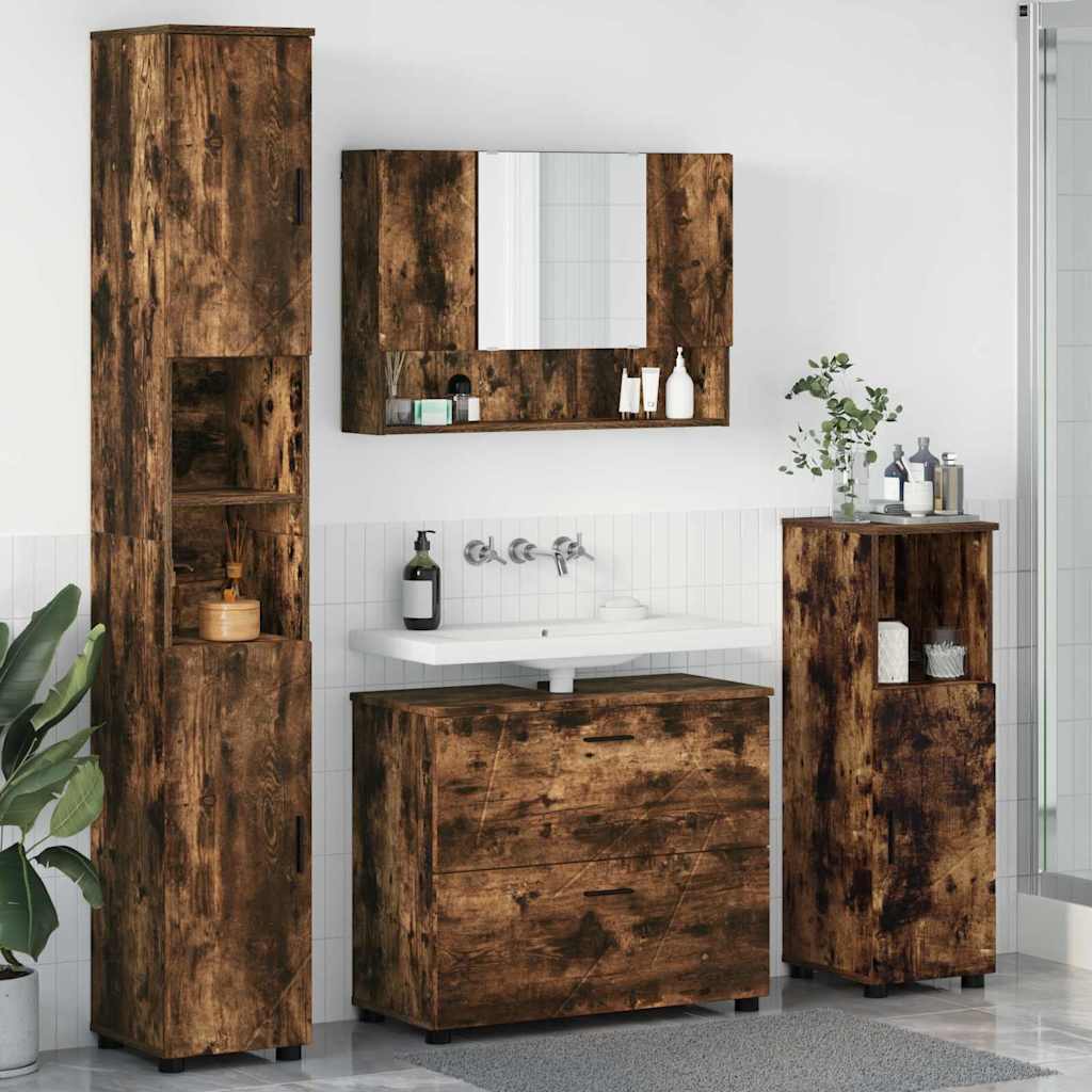 Baderomsinnredningssett med dør 4 pcs Røkt eik 30 x 35 x 192 cm