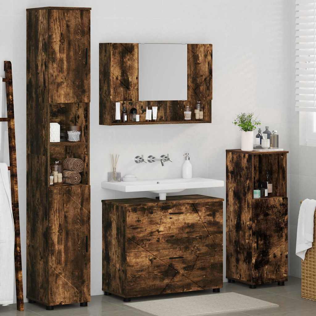Baderomsinnredningssett med dør 4 pcs Røkt eik 30 x 35 x 192 cm