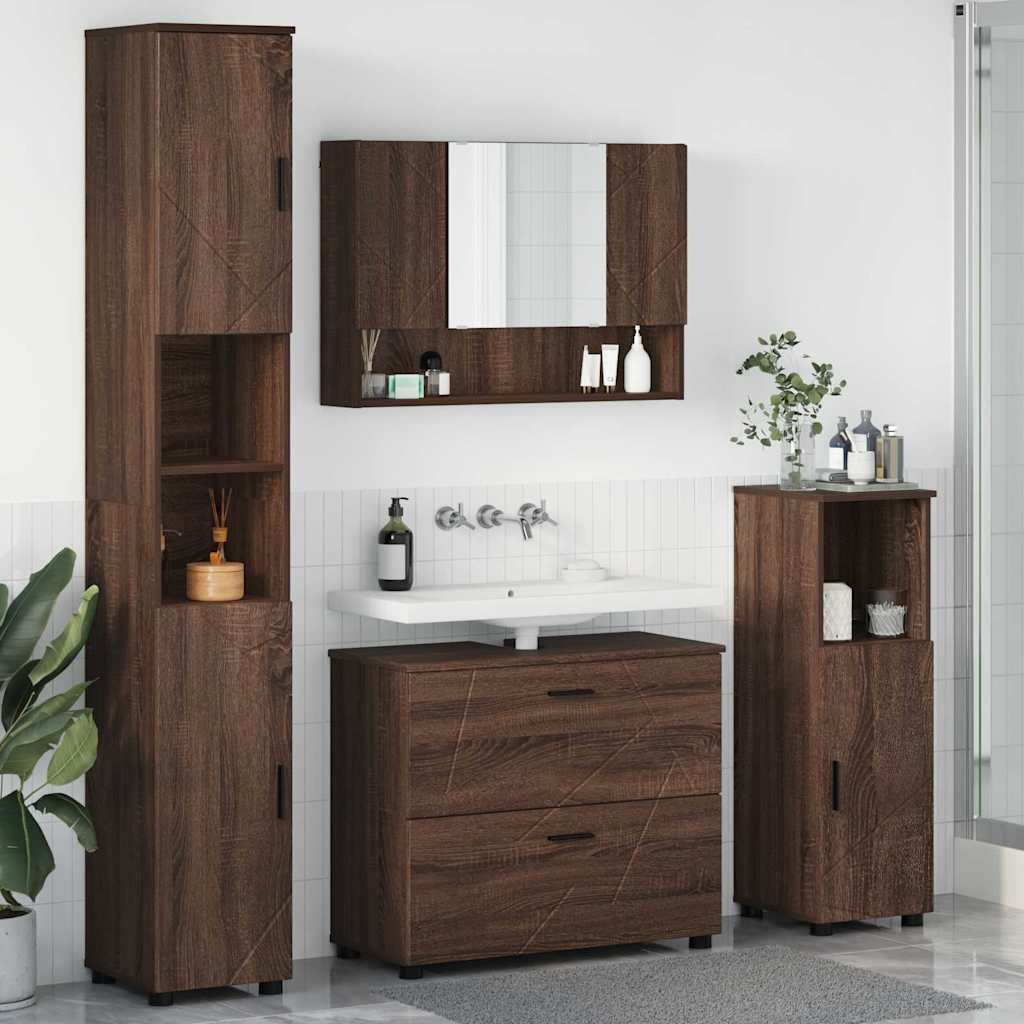 Baderomsinnredningssett med dør 4 pcs brun eik 30 x 35 x 192 cm