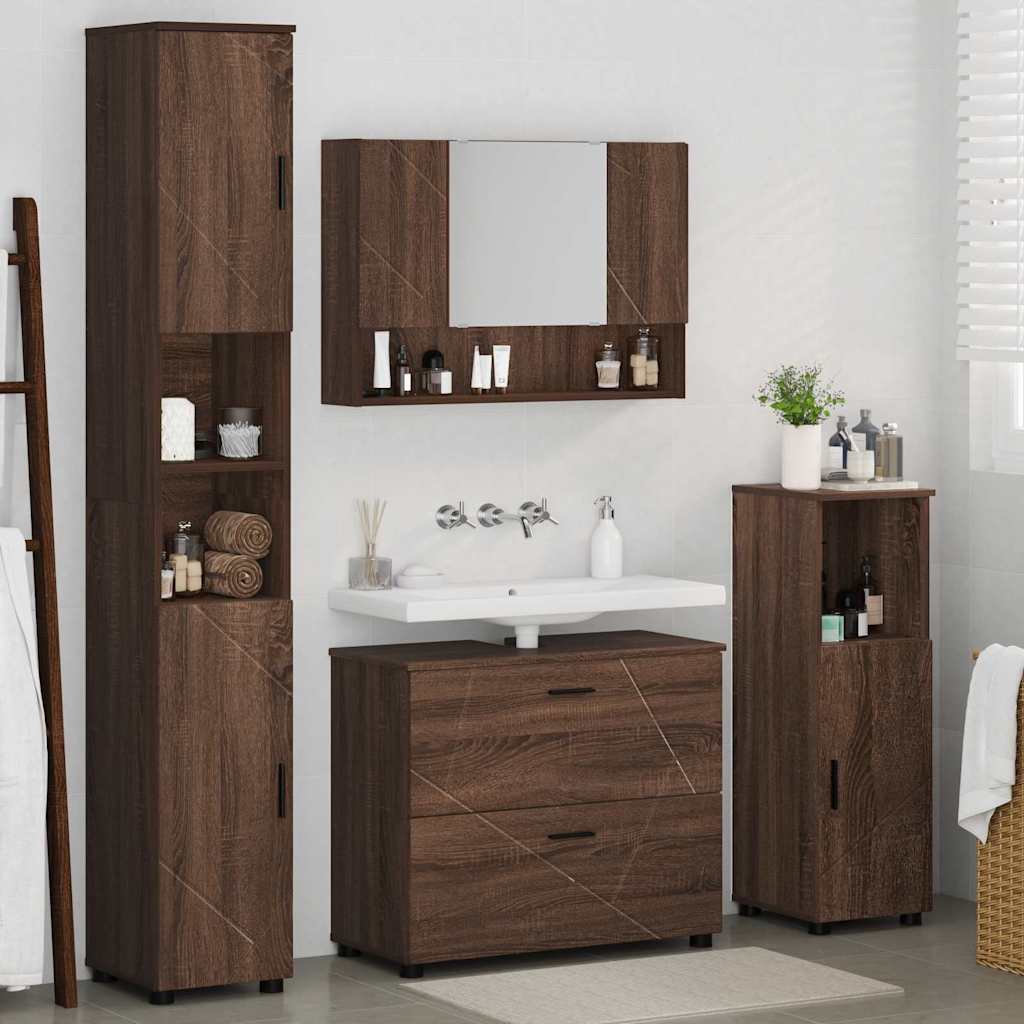 Baderomsinnredningssett med dør 4 pcs brun eik 30 x 35 x 192 cm