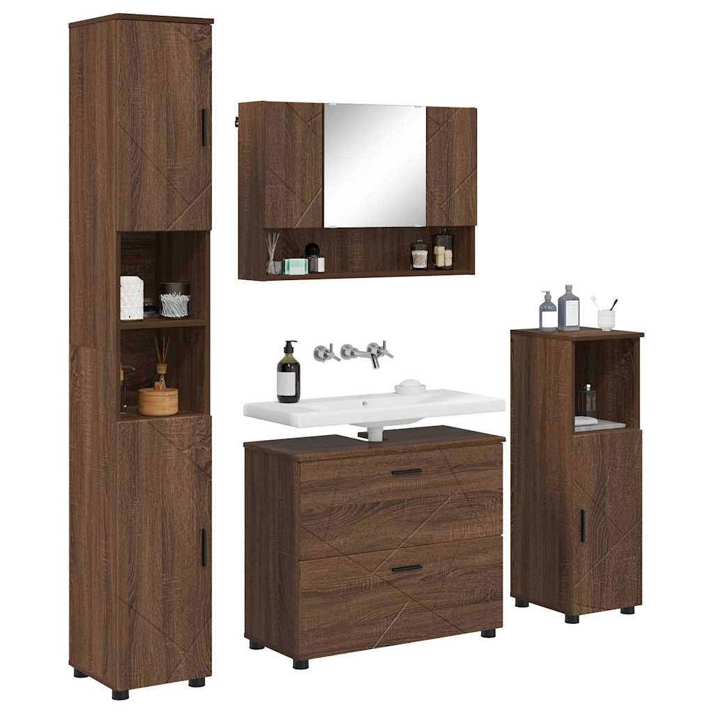 Baderomsinnredningssett med dør 4 pcs brun eik 30 x 35 x 192 cm