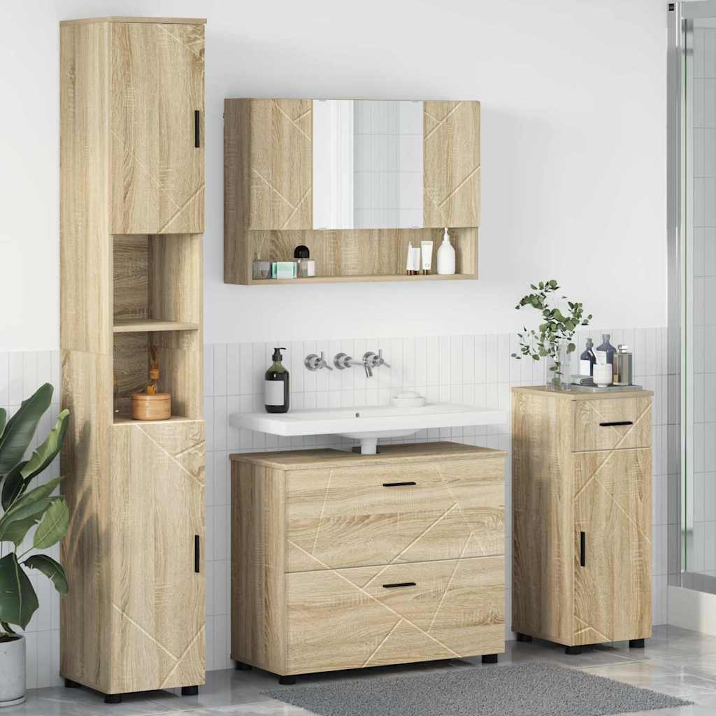 Baderomsinnredningssett 4 pcs Sonoma eik Ingeniørtre og metall