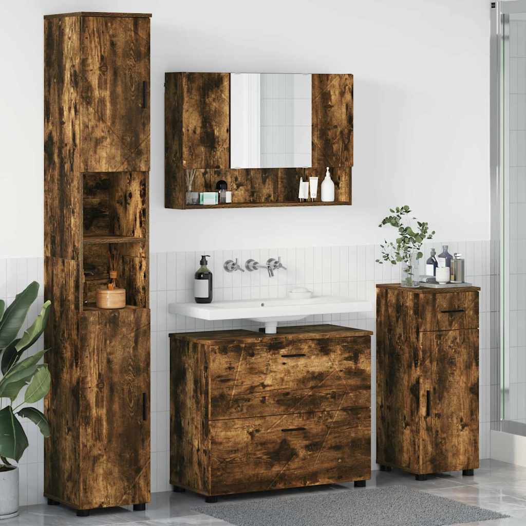 Baderomsinnredningssett med dør 4 pcs Røkt eik 30 x 35 x 192 cm