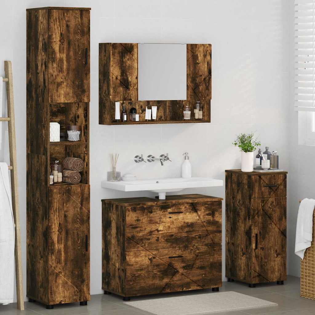 Baderomsinnredningssett med dør 4 pcs Røkt eik 30 x 35 x 192 cm