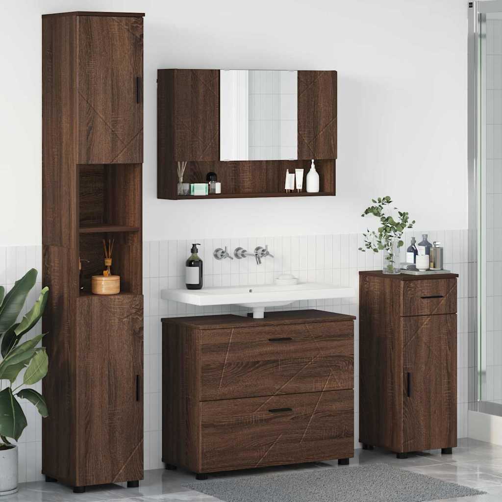 Baderomsinnredningssett med dør 4 pcs brun eik 30 x 35 x 192 cm