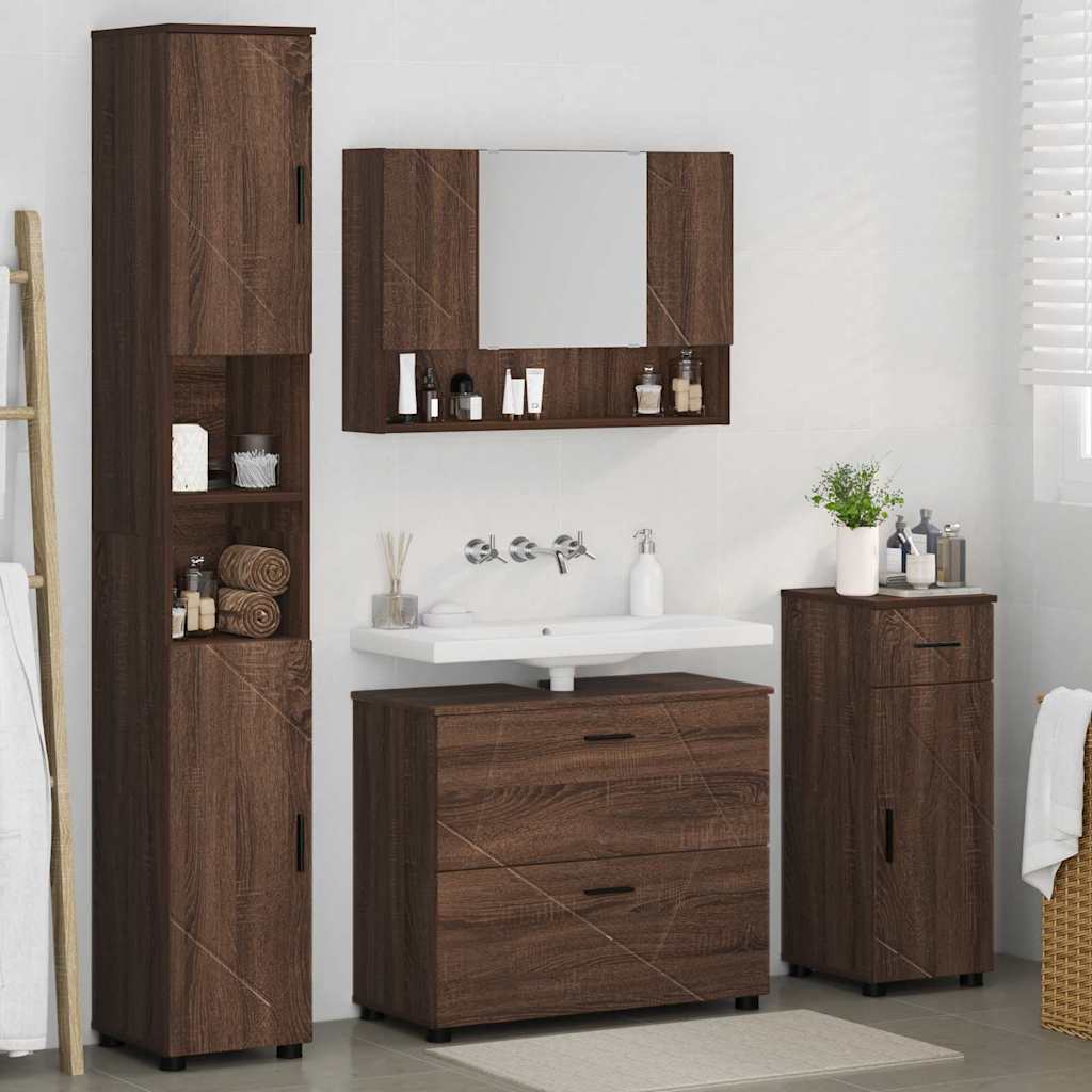 Baderomsinnredningssett med dør 4 pcs brun eik 30 x 35 x 192 cm