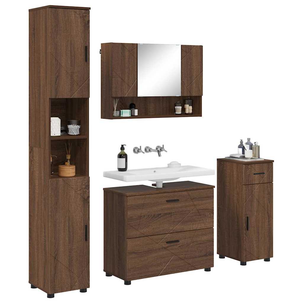 Baderomsinnredningssett med dør 4 pcs brun eik 30 x 35 x 192 cm
