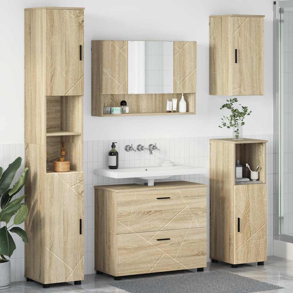 Baderomsinnredningssett 5 pcs Sonoma eik Ingeniørtre og metall