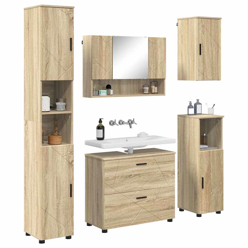 Baderomsinnredningssett 5 pcs Sonoma eik Ingeniørtre og metall