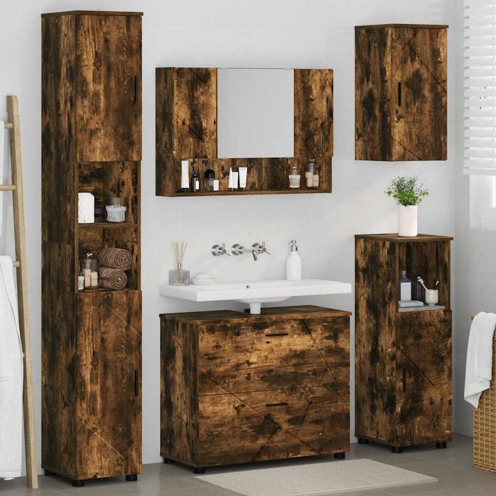 Baderomsinnredningssett med dør 5 pcs Røkt eik 30 x 35 x 192 cm