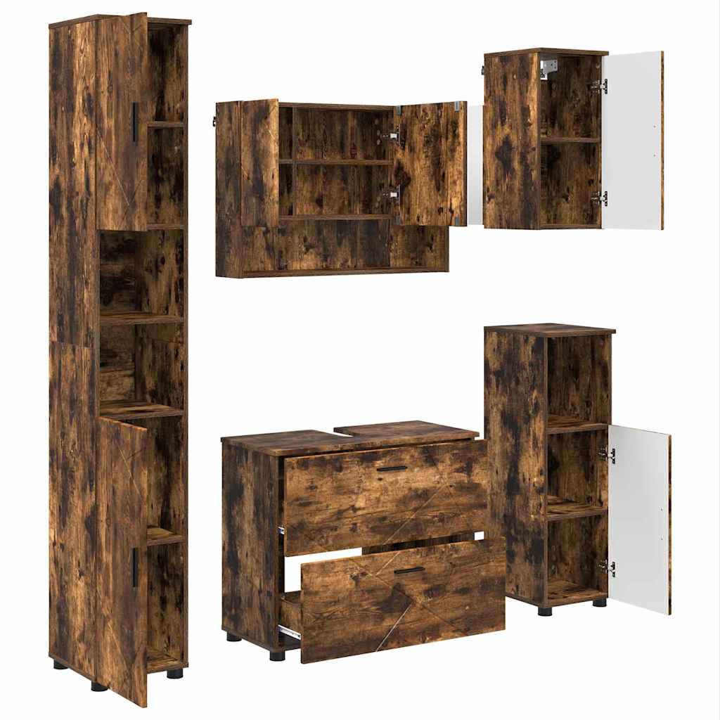 Baderomsinnredningssett med dør 5 pcs Røkt eik 30 x 35 x 192 cm