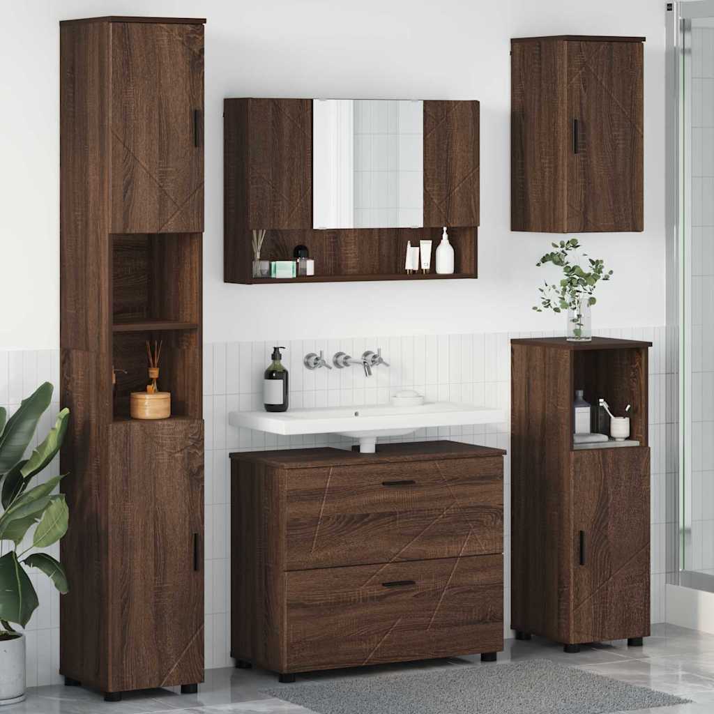 Baderomsinnredningssett med dør 5 pcs brun eik 30 x 35 x 192 cm