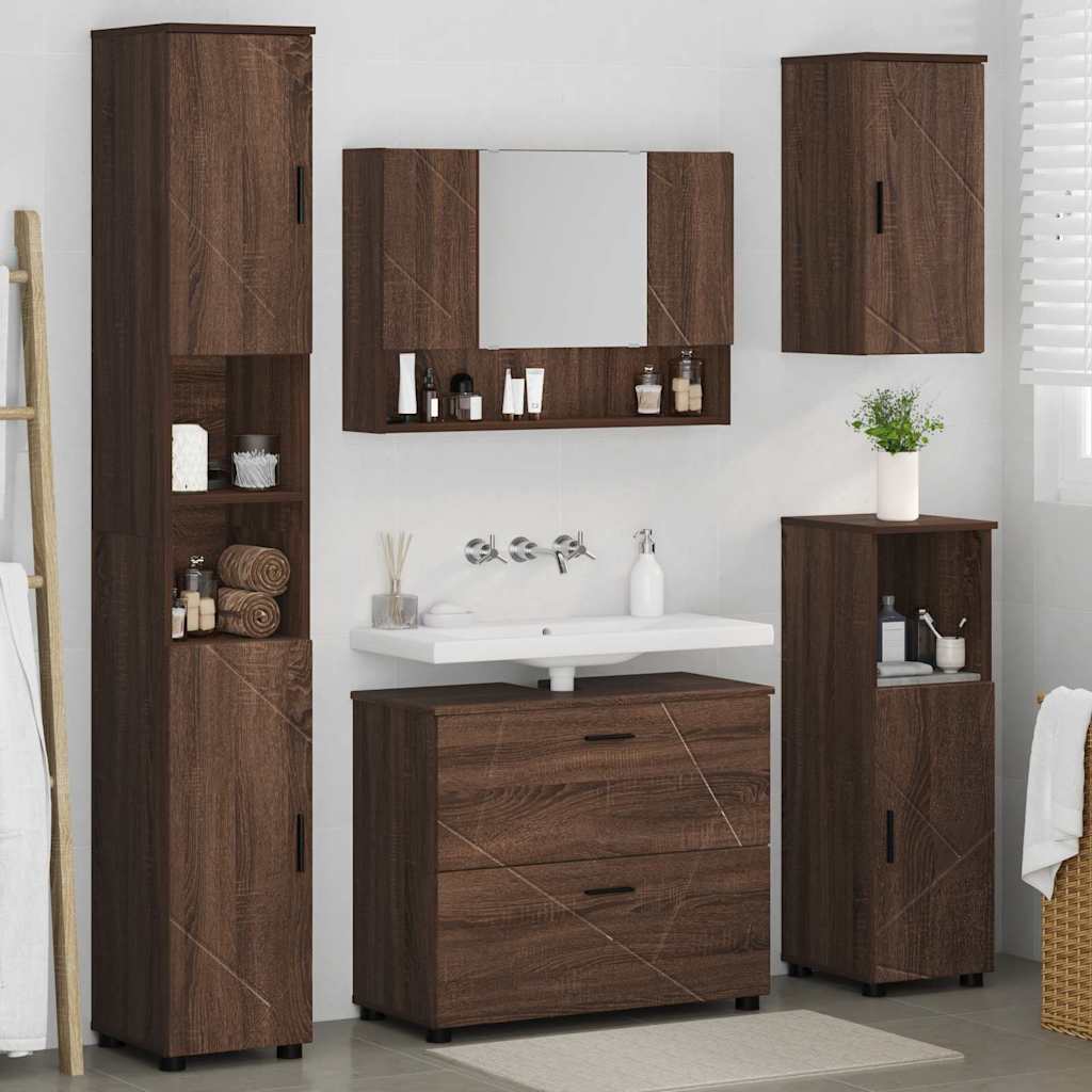 Baderomsinnredningssett med dør 5 pcs brun eik 30 x 35 x 192 cm