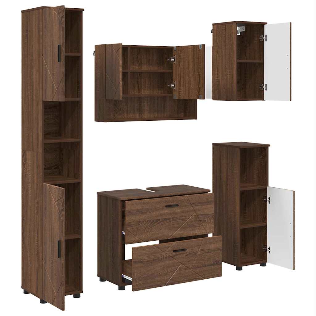 Baderomsinnredningssett med dør 5 pcs brun eik 30 x 35 x 192 cm