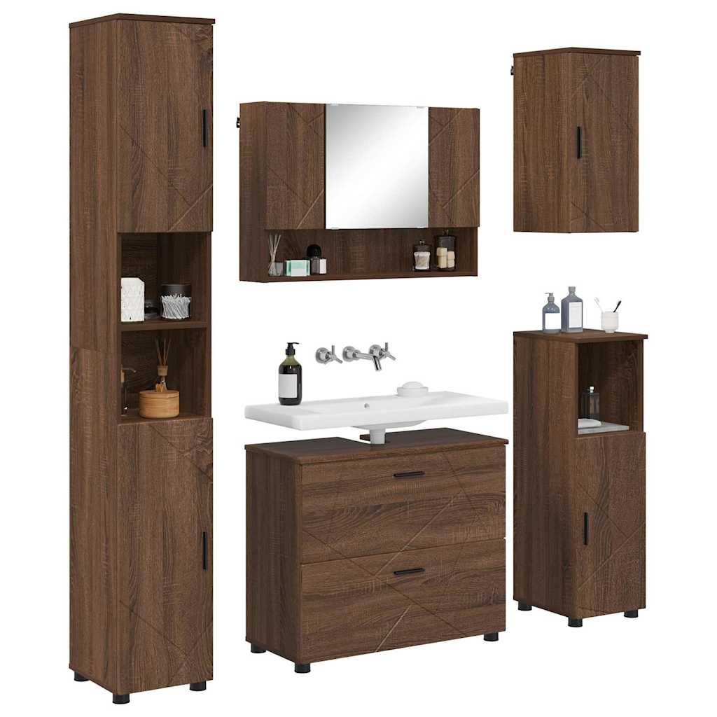 Baderomsinnredningssett med dør 5 pcs brun eik 30 x 35 x 192 cm
