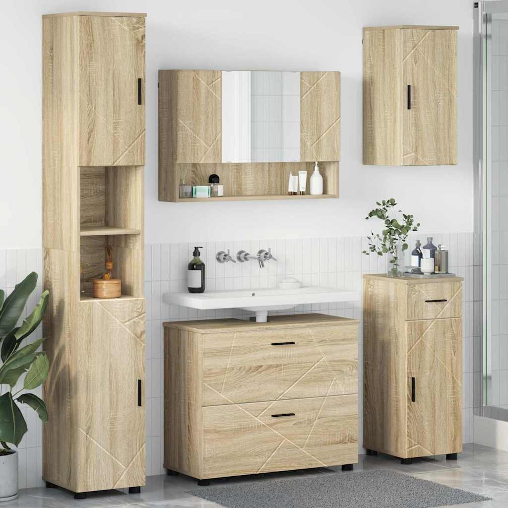 Baderomsinnredningssett 5 pcs Sonoma eik Ingeniørtre og metall