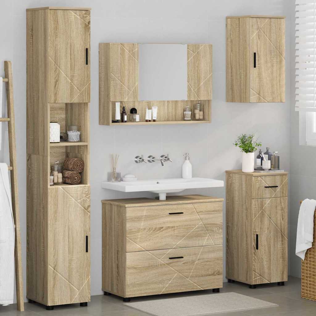 Baderomsinnredningssett 5 pcs Sonoma eik Ingeniørtre og metall