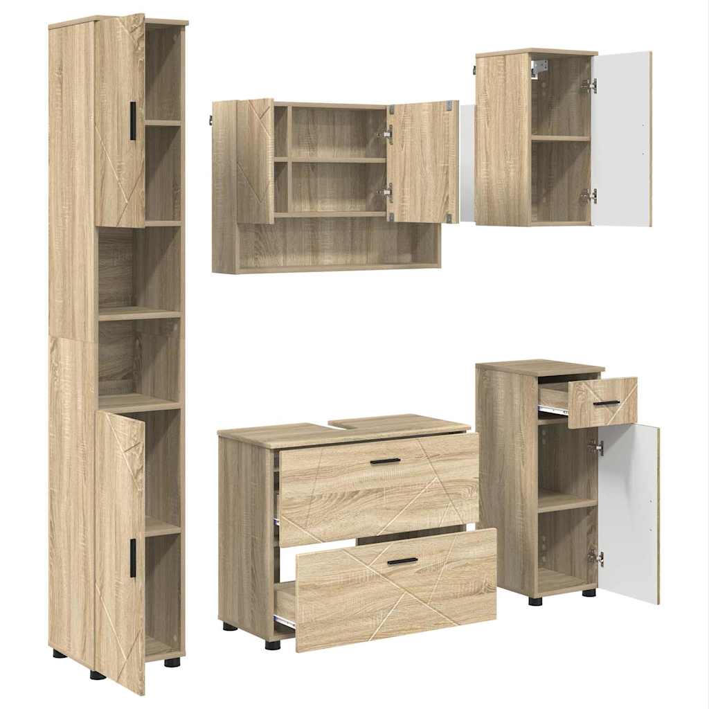 Baderomsinnredningssett 5 pcs Sonoma eik Ingeniørtre og metall