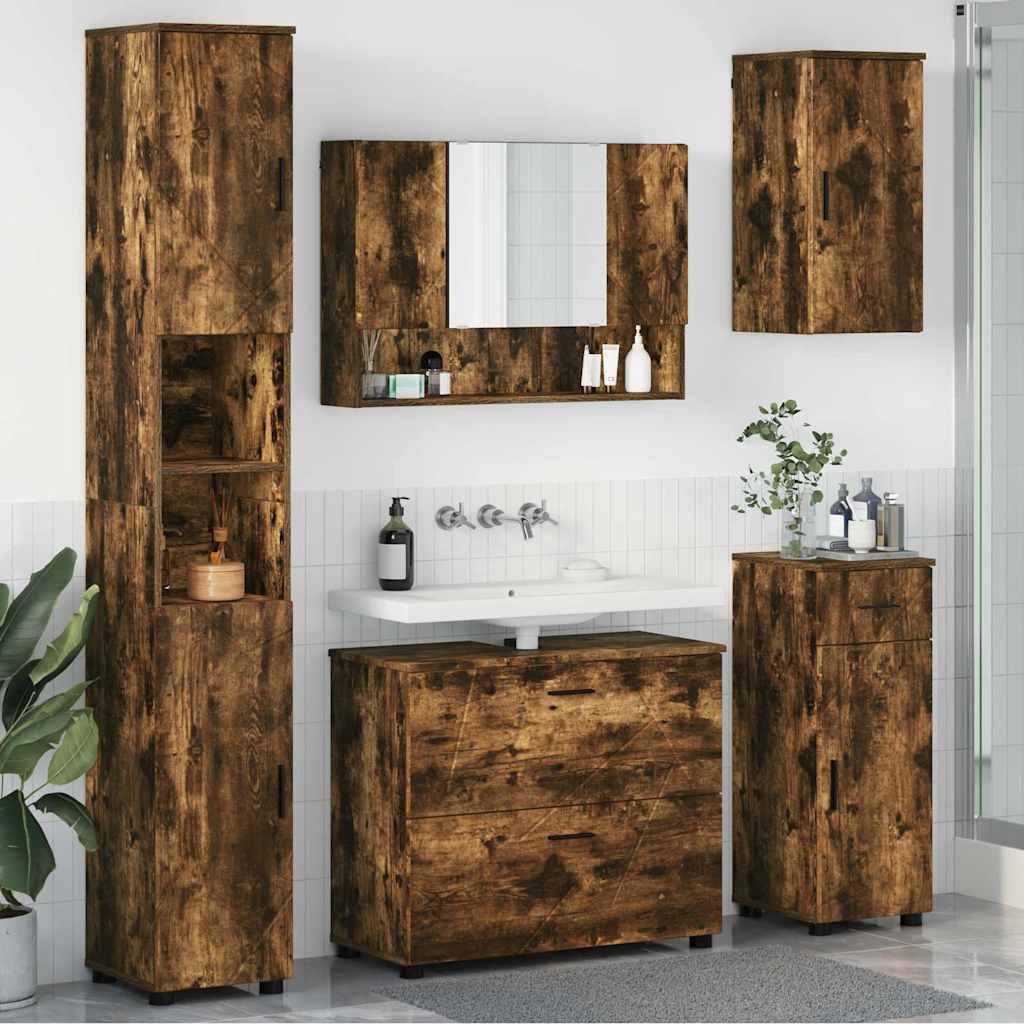 Baderomsinnredningssett med dør 5 pcs Røkt eik 30 x 35 x 192 cm