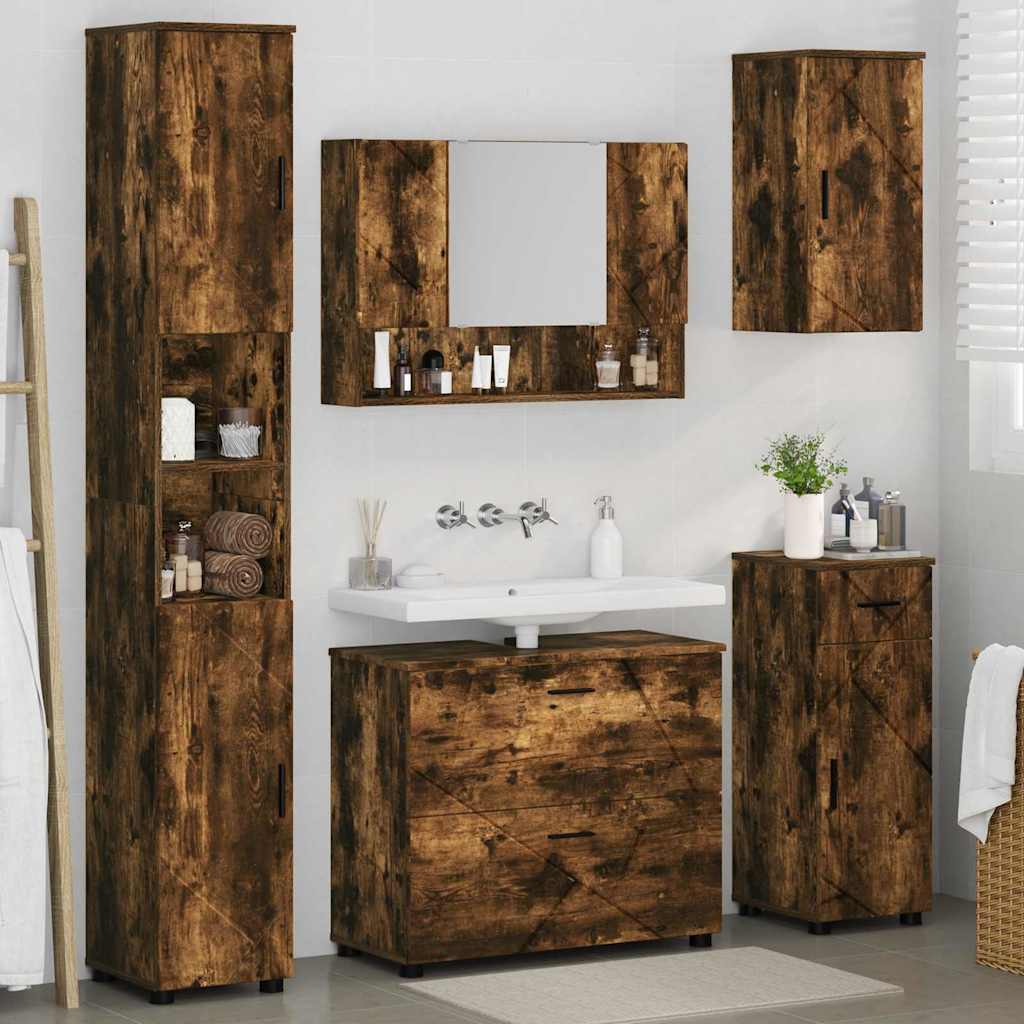 Baderomsinnredningssett med dør 5 pcs Røkt eik 30 x 35 x 192 cm