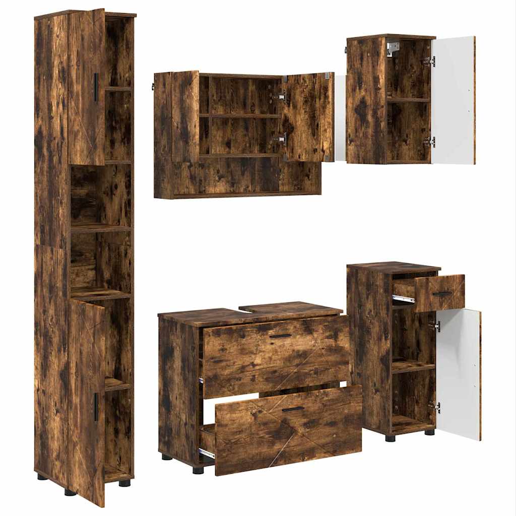 Baderomsinnredningssett med dør 5 pcs Røkt eik 30 x 35 x 192 cm