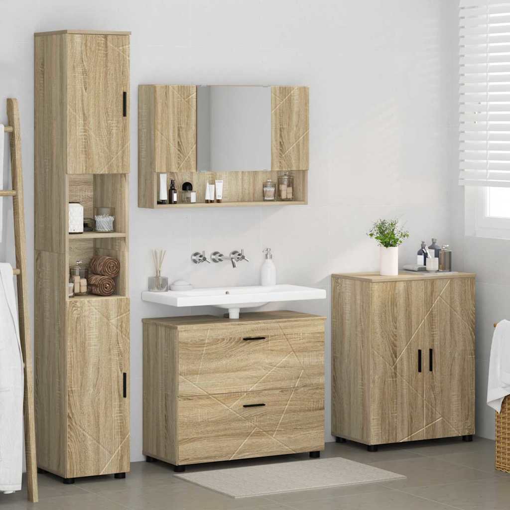 Baderomsinnredningssett 4 pcs Sonoma eik Ingeniørtre og metall