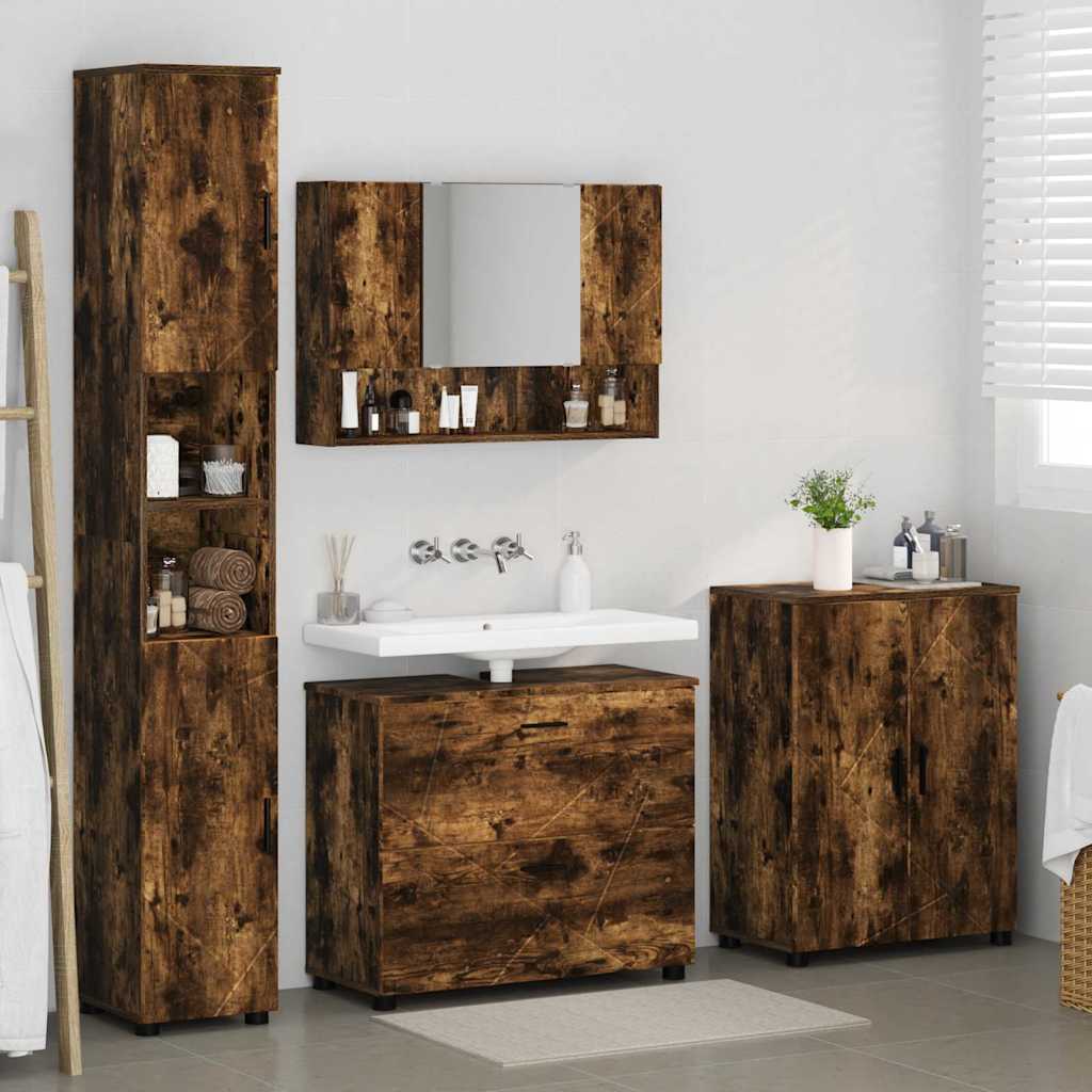 Baderomsinnredningssett med dør 4 pcs Røkt eik 30 x 35 x 192 cm