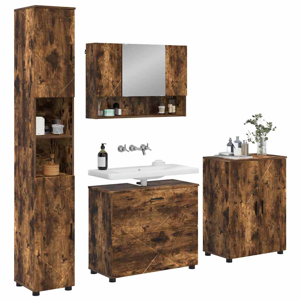 Baderomsinnredningssett med dør 4 pcs Røkt eik 30 x 35 x 192 cm