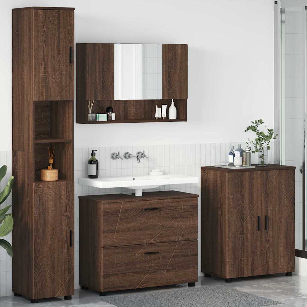 Baderomsinnredningssett med dør 4 pcs brun eik 30 x 35 x 192 cm