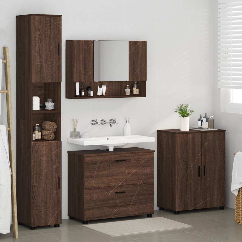 Baderomsinnredningssett med dør 4 pcs brun eik 30 x 35 x 192 cm