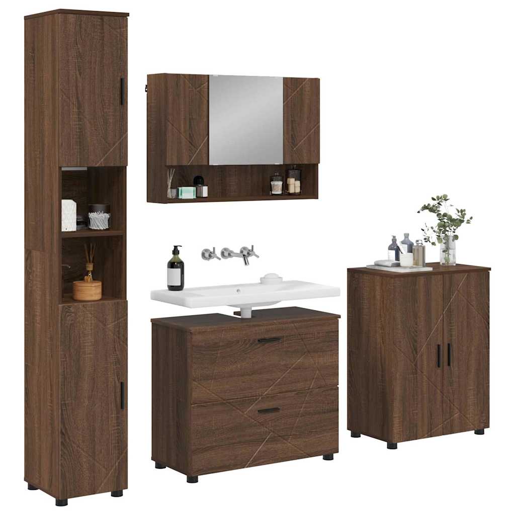 Baderomsinnredningssett med dør 4 pcs brun eik 30 x 35 x 192 cm