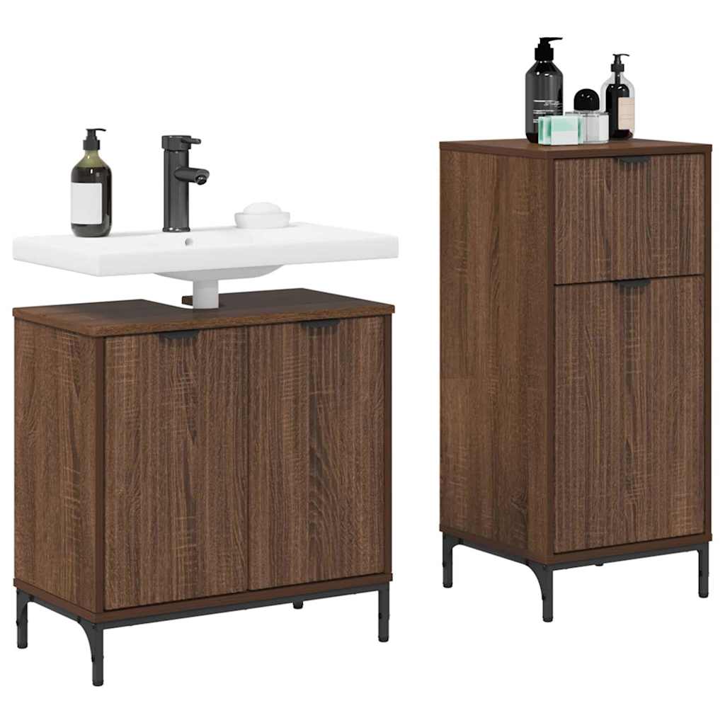 Baderomsinnredningssett Rutete 2 pcs brun eik 39.5 x 36 x 88 cm