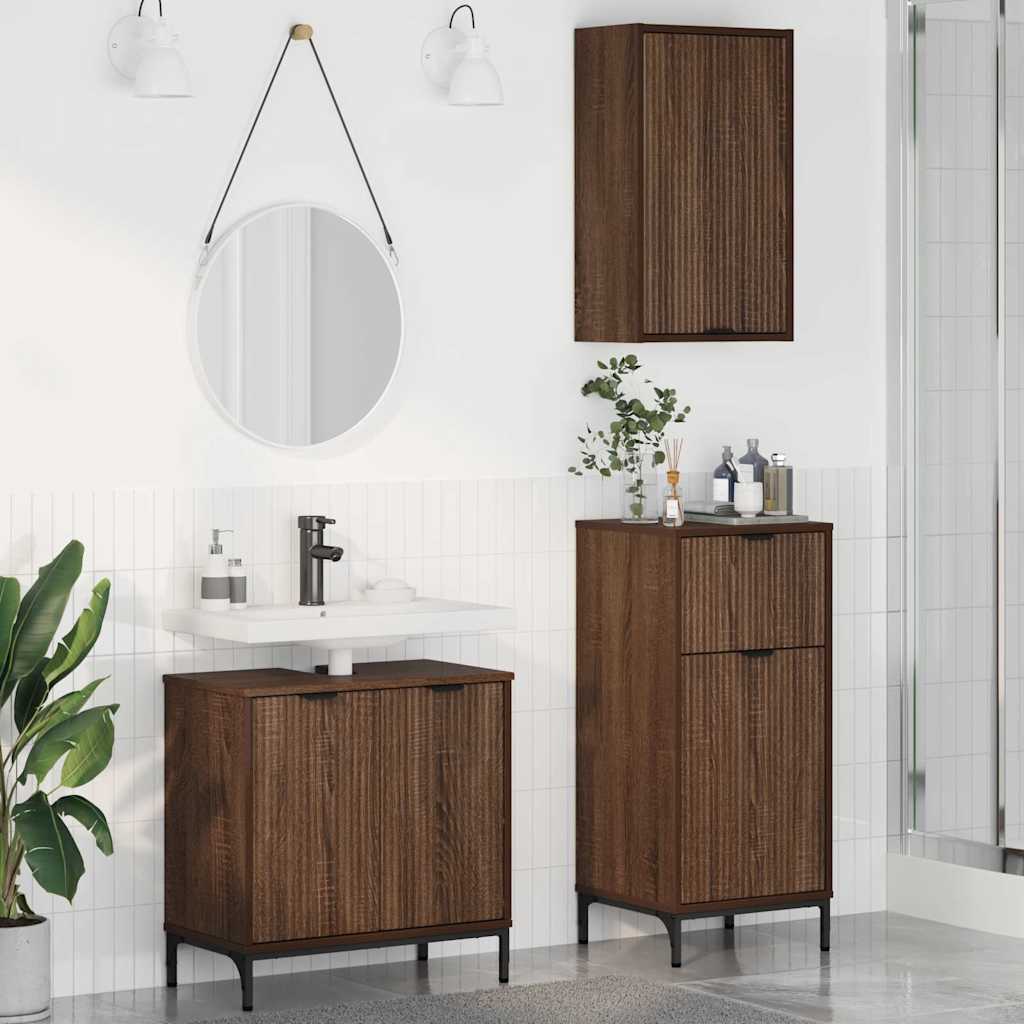 Baderomsinnredningssett Rutete 3 pcs brun eik 39.5 x 36 x 88 cm