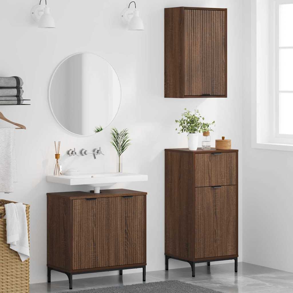 Baderomsinnredningssett Rutete 3 pcs brun eik 39.5 x 36 x 88 cm