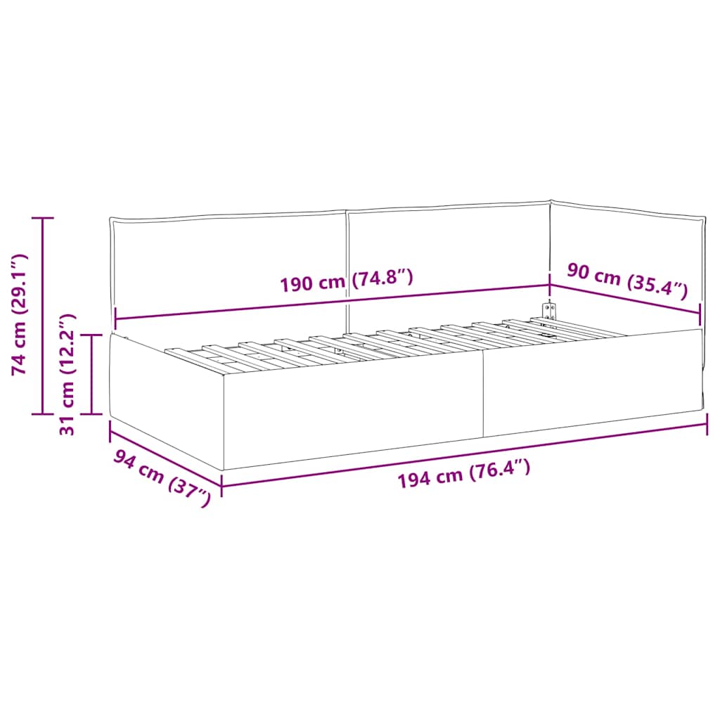 Hjørnesengramme med hodegjerde Vinrød 100 cm x 200 cm stoff