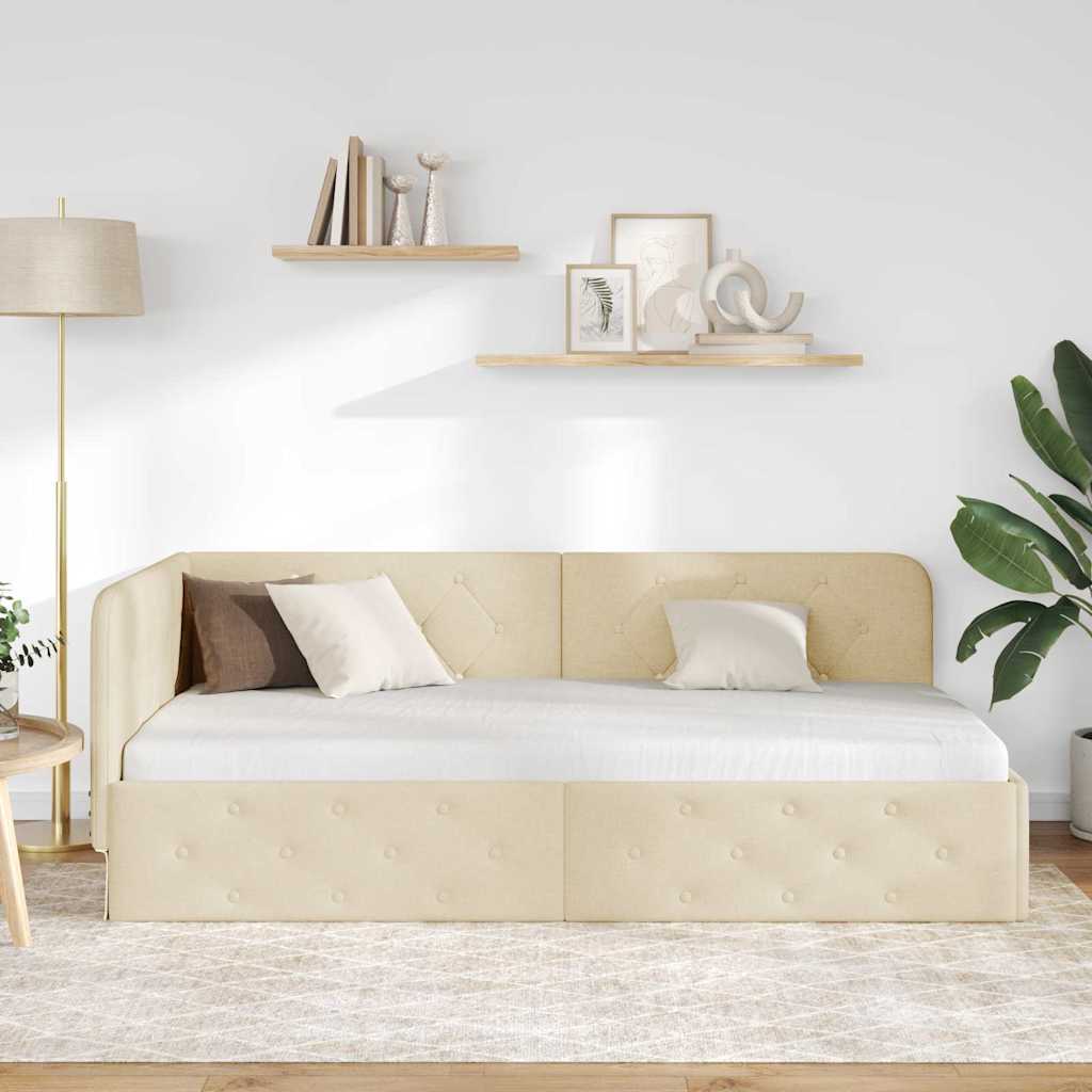 Hjørnesengramme med hodegjerde Krem 90 x 200 cm stoff