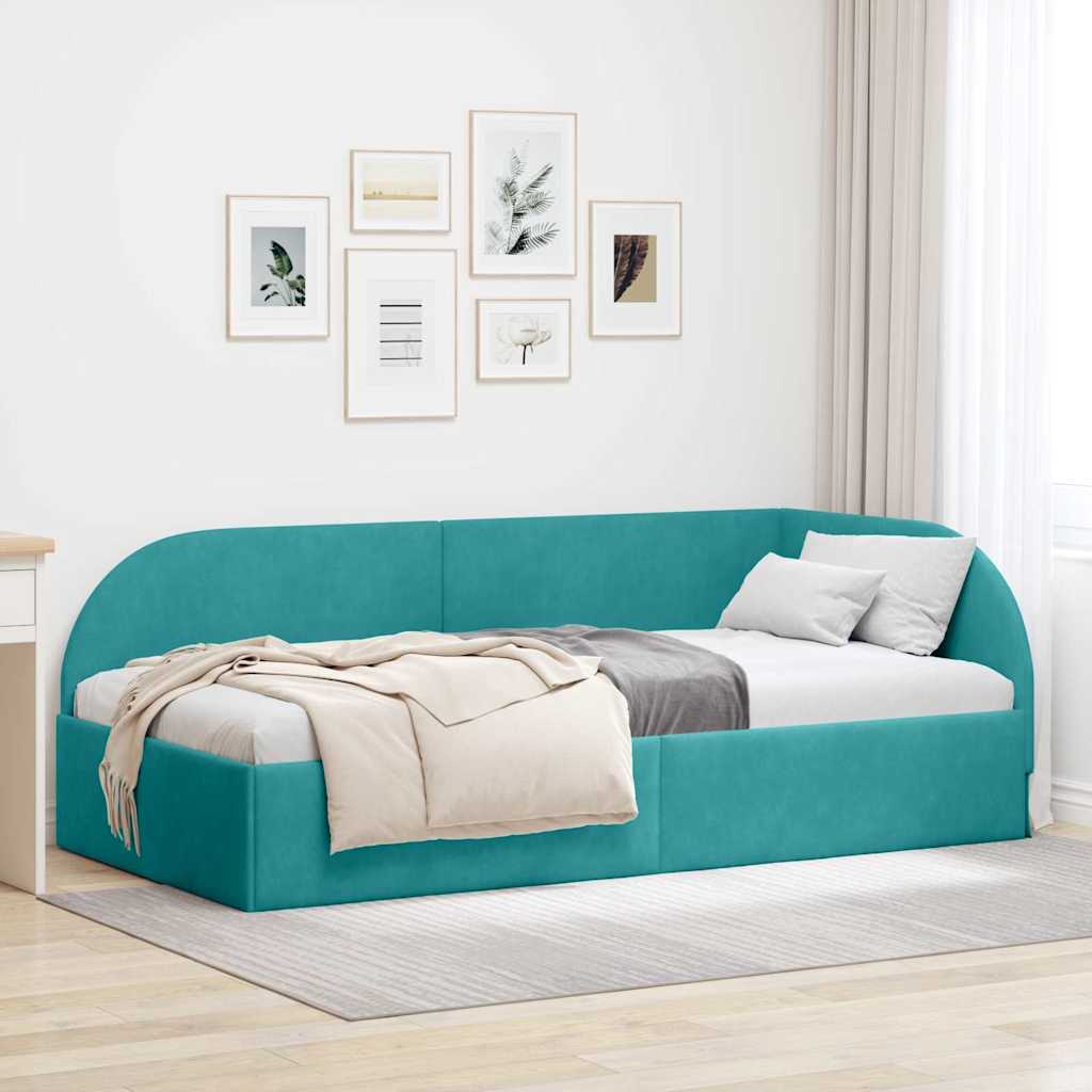 Hjørnesengramme med hodegjerde Turkis 90 x 190 cm Fløyel