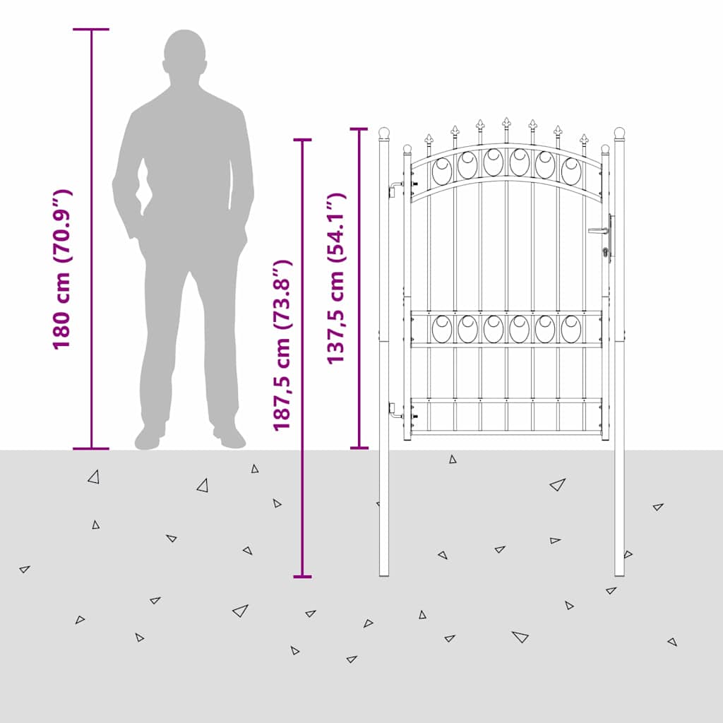 Gjerdeport med spisser Grå 170 x 100 cm Pulverlakkert stål